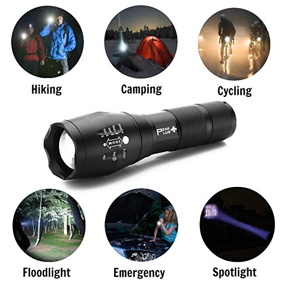 PeakPlus Super Bright LED Tactical Flashlight Zoomable Adjustable Focus 5 Modes